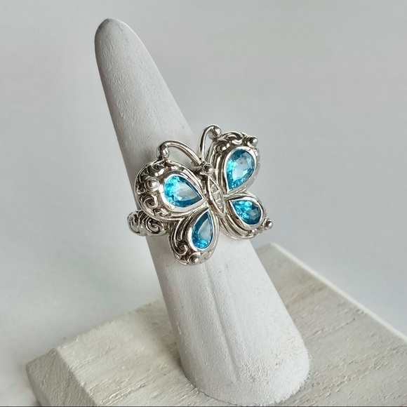 NEW Swiss Blue Topaz & Diamond Sterling Silver 925 Stamped Butterfly Ring Size 6 - Picture 5 of 12